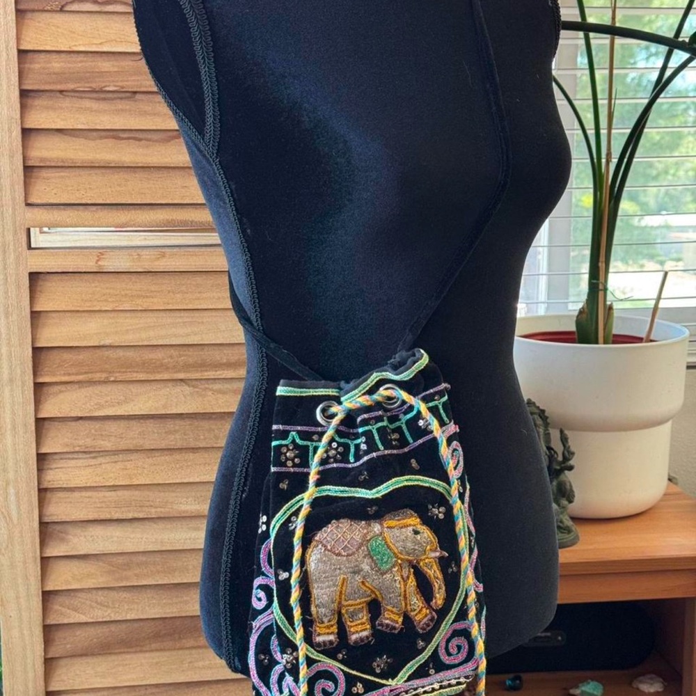 Hand Embroidered Elephant Drawstring Crossbody Bag Black Boho Coquette